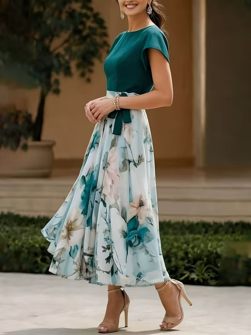 Elegant Floral Color-Block Midi Dress for Women | Tie-Waist Crew Neck Summer Dress
