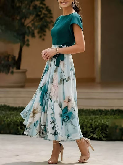 Elegant Floral Color-Block Midi Dress for Women | Tie-Waist Crew Neck Summer Dress
