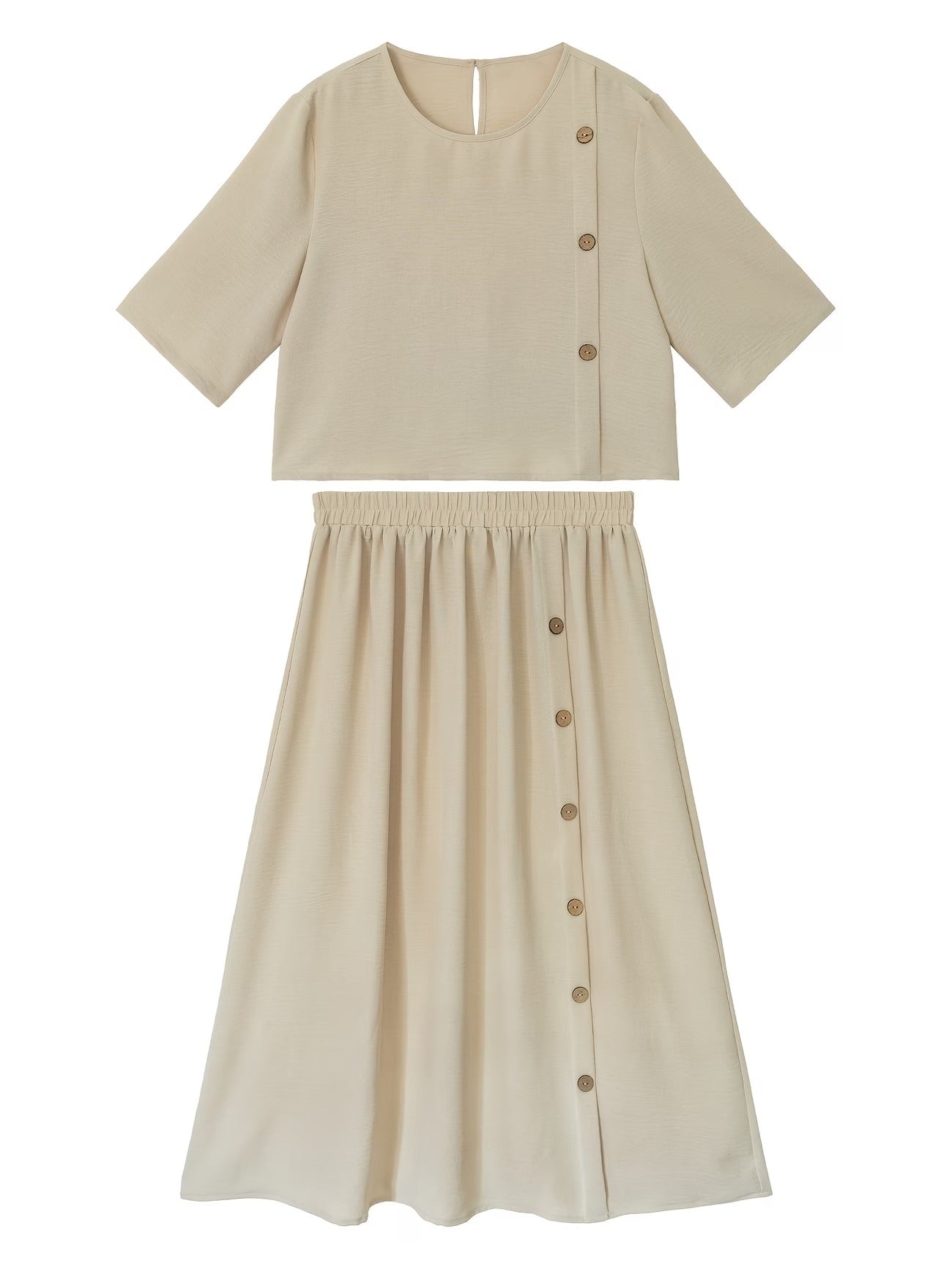 Elegant Summer Two-Piece Set – Round Neck Faux Button T-Shirt & Artistic Midi Skirt Outfit for Women