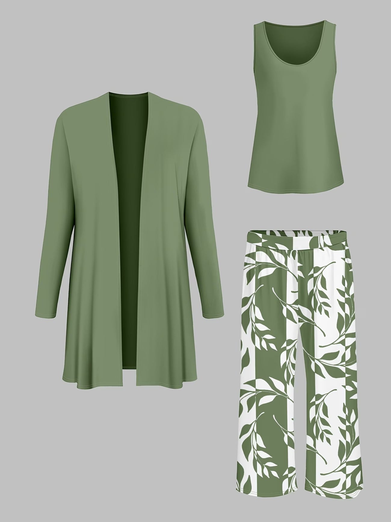 Elegant Solid Color Cardigan Jacket with Halter Top & Printed Plant Pattern Trousers – Stylish 3-Piece Women’s Set