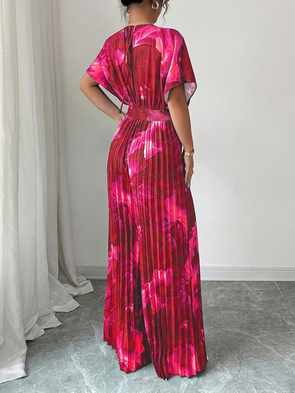 Elegant Women’s Batwing Sleeve Jumpsuit – V-Neck Abstract Print Wide-Leg Summer Outfit