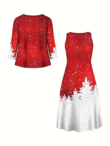 Elegant Layered Two-Piece Midi Dress Set with Tie-Front Cardigan – Flowy Printed Everyday & Occasion Wear