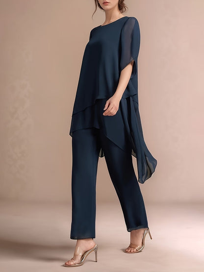 Women'S Chiffon Short Sleeve 2pcs Set Solid Color Irregular Elegant Party Fashion Suit