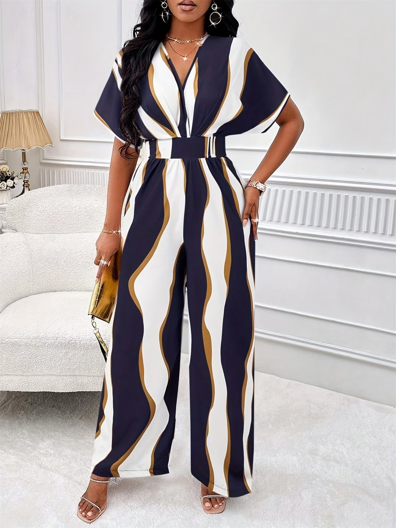Women’s Color Block V-Neck Jumpsuit – Elegant Short Sleeve Wide-Leg One-Piece Outfit with Comfortable Waist Fit for Spring & Summer