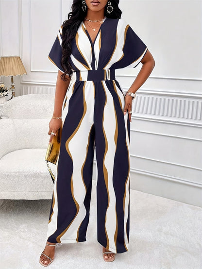 Women’s Color Block V-Neck Jumpsuit – Elegant Short Sleeve Wide-Leg One-Piece Outfit with Comfortable Waist Fit for Spring & Summer