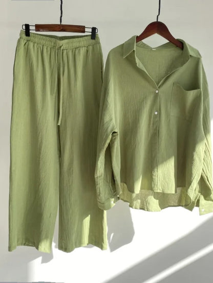 Fashionable Women’s  Cotton Slacks & Shirt Suit Set