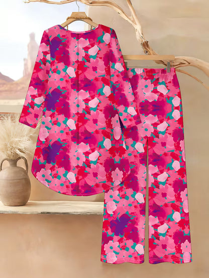 Women’s Long-Sleeve Floral Suit – Light Red Flowers on Gray, Casual & Vacation Wear