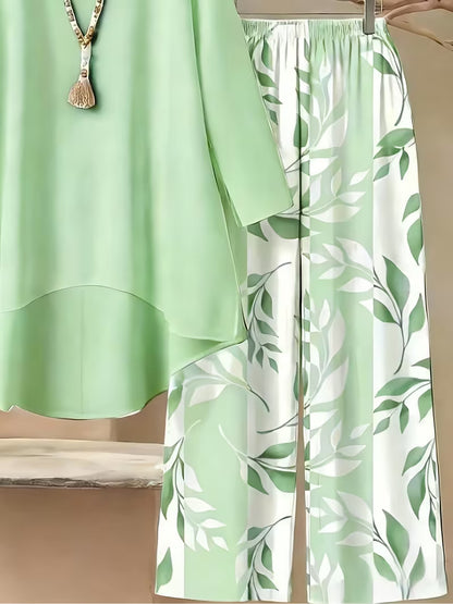 Elegant Leaf Print High-Low Co-Ord Set