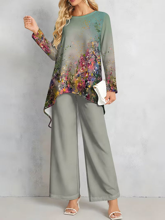 Women’s Long-Sleeve Floral Suit – Light Red Flowers on Gray, Casual & Vacation Wear