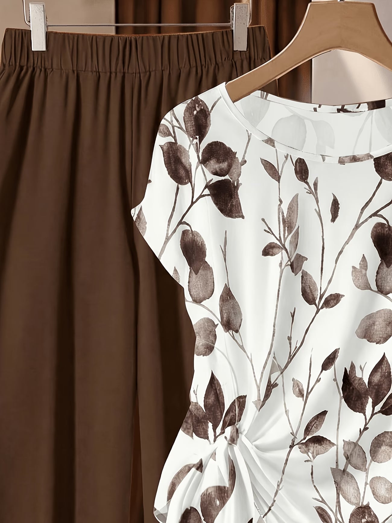 Women's Floral Print Tie-Front Shirt & Wide-Leg Pants Two-Piece Set
