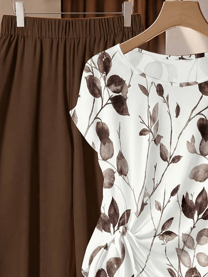 Women's Floral Print Tie-Front Shirt & Wide-Leg Pants Two-Piece Set