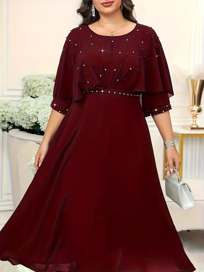 Plus Size Women’s Elegant Rhinestone Collar Dress