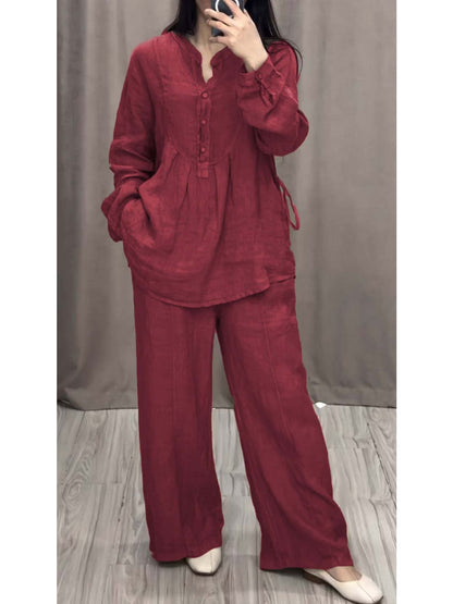 Women's Linen Blend Pleated Shirt & Wide-Leg Trouser Co-Ord Set