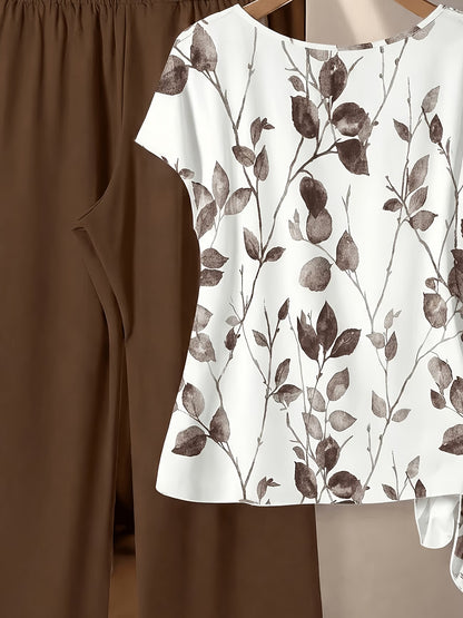 Women's Floral Print Tie-Front Shirt & Wide-Leg Pants Two-Piece Set