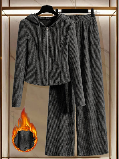 Women’s Hooded Long Sleeve Top & Pants Co-Ord Set – Elegant Solid Color Lounge Wear