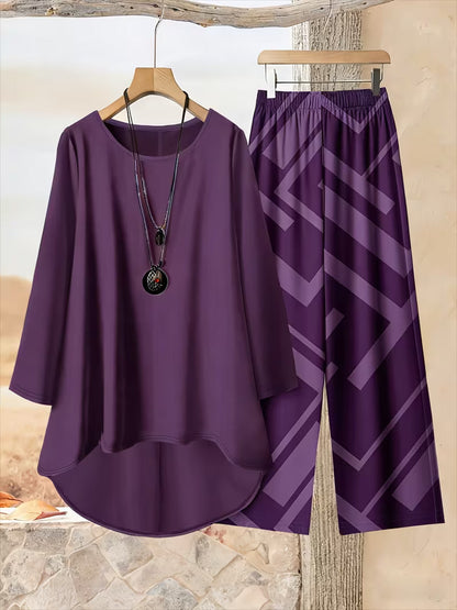 Plus Size Women’s Loose Net Color Top & Printed Pants Set – 2pcs Casual Outfit
