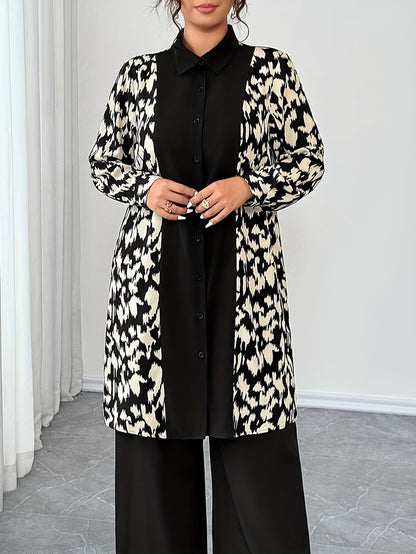Women's Elegant Patchwork Cardigan, Mid-Length Shirt & Straight-Leg Trousers Set