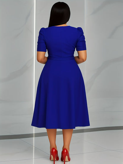 Women's Elegant V-Neck Ruffle Midi Dress with Waist Belt