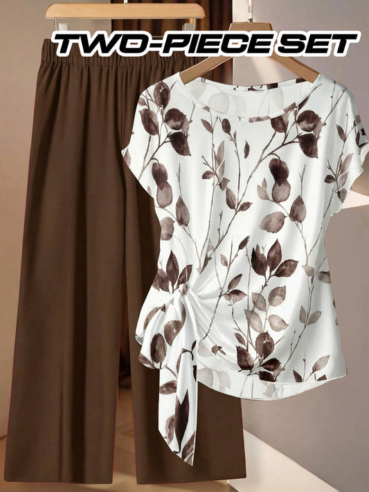 Women's Floral Print Tie-Front Shirt & Wide-Leg Pants Two-Piece Set