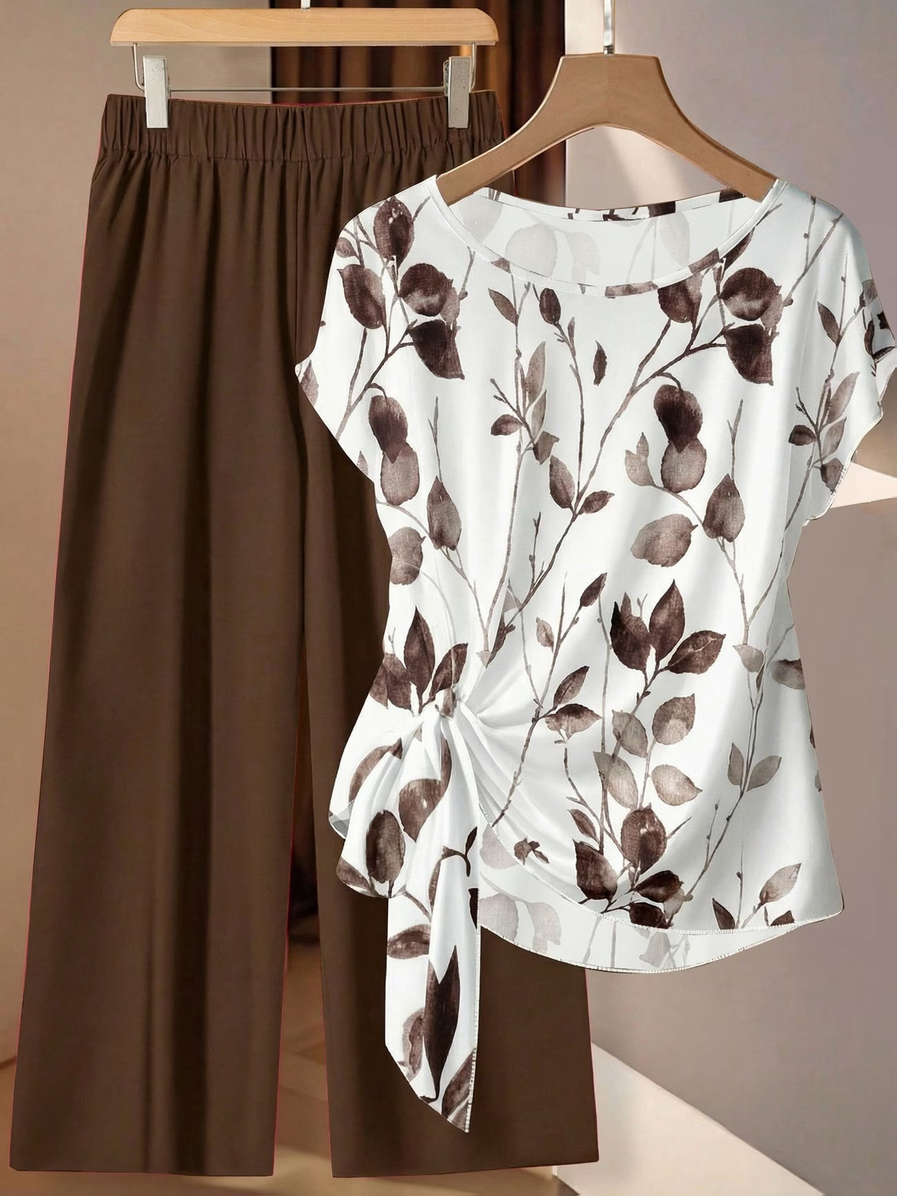 Women's Floral Print Tie-Front Shirt & Wide-Leg Pants Two-Piece Set
