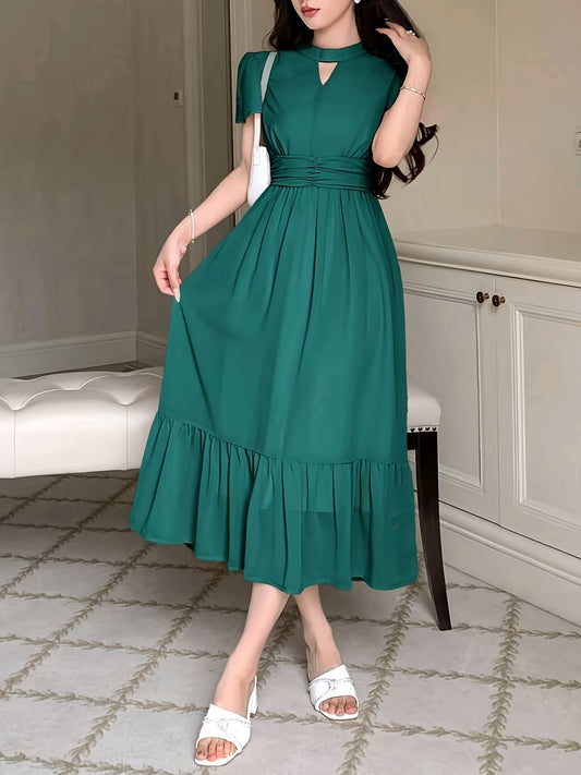 Women's Elegant Pleated Waist Ruffle Hem Maxi Dress
