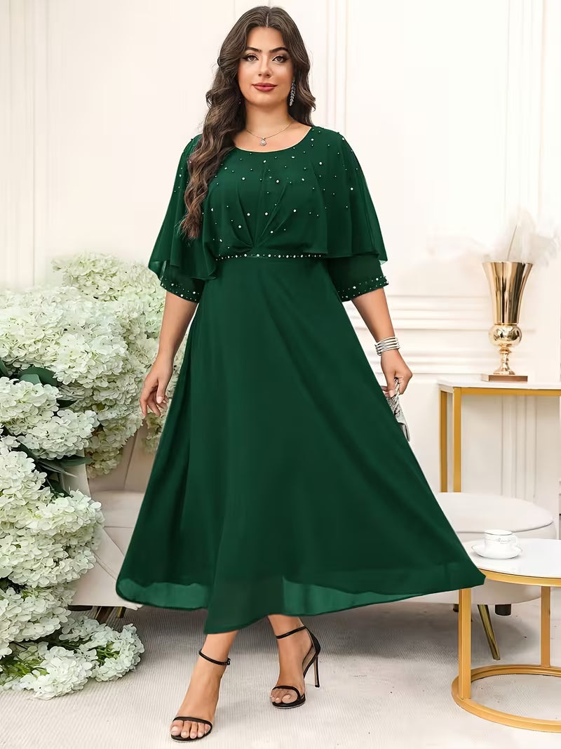 Plus Size Women’s Elegant Rhinestone Collar Dress