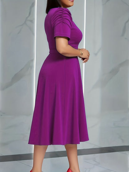 Women's Elegant V-Neck Ruffle Midi Dress with Waist Belt
