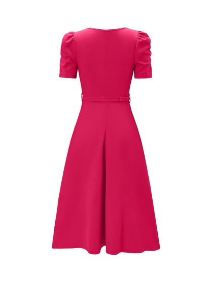 Women's Elegant V-Neck Ruffle Midi Dress with Waist Belt