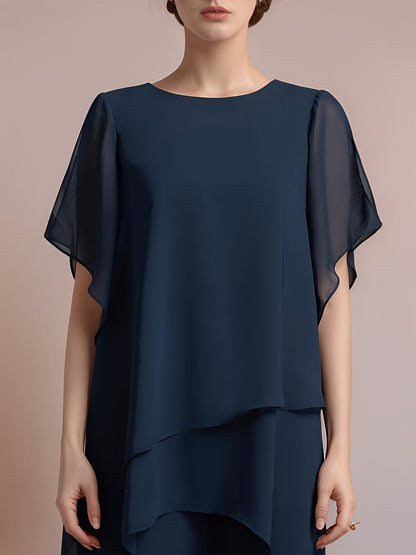 Women'S Chiffon Short Sleeve 2pcs Set Solid Color Irregular Elegant Party Fashion Suit