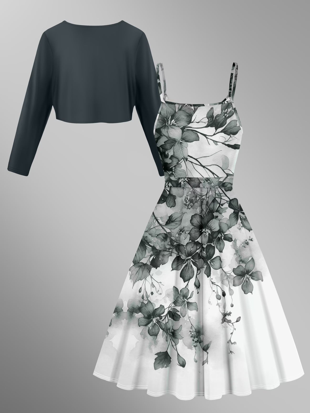 Elegant Floral Tie Dress with Solid Color Cardigan – Stylish Two-Piece Women’s Set