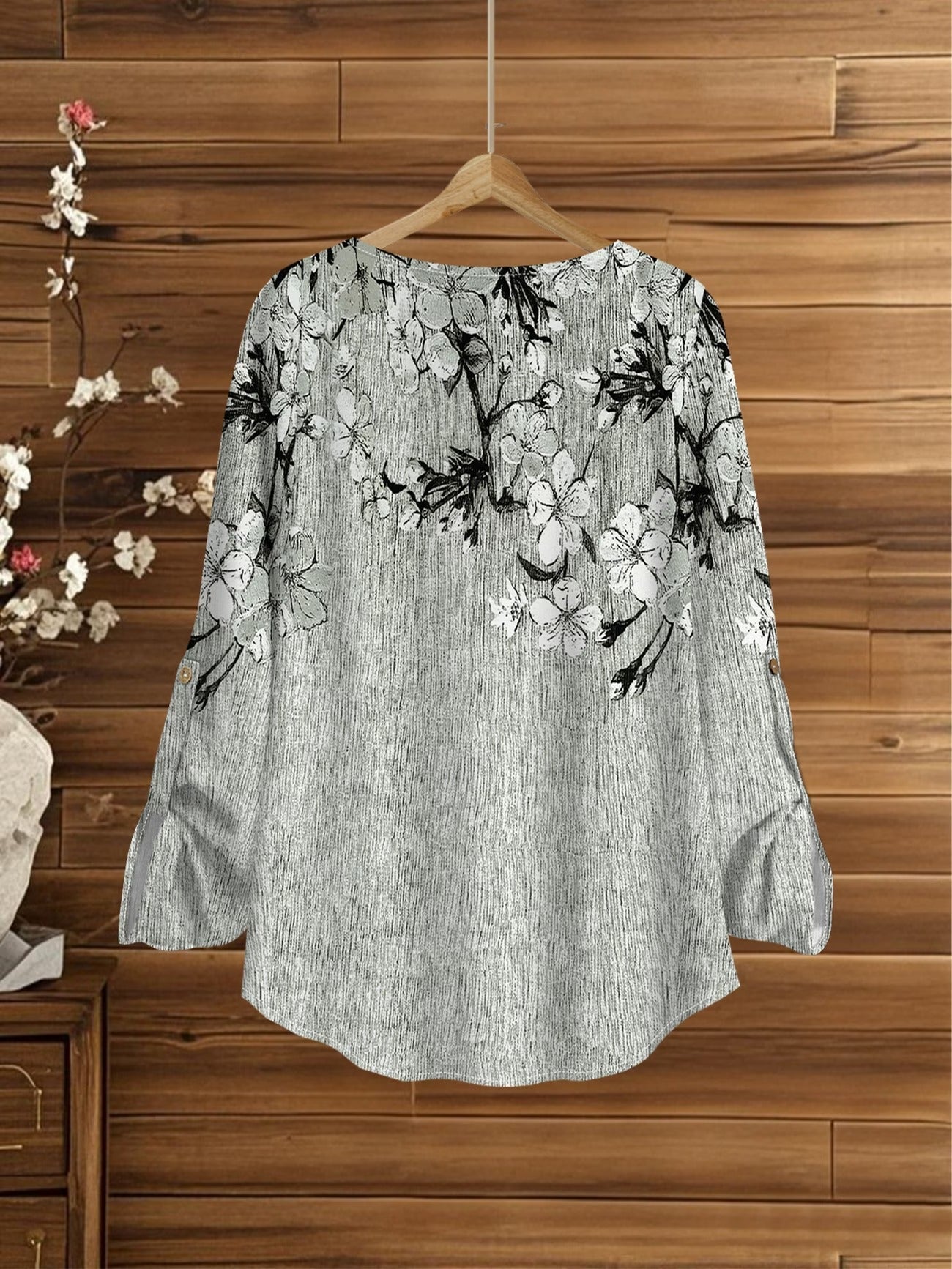 Women’s Floral Long-Sleeve Shirt with Printed Pants – Stylish Two-Piece Everyday Outfit (With Tie & Button Details)