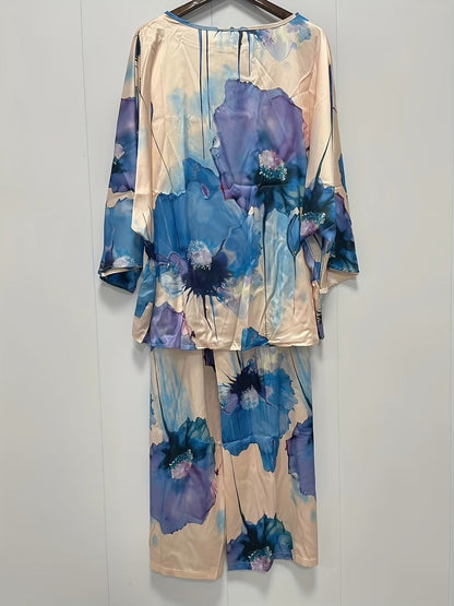 Plus Size Women’s Satin Floral Co-Ord Set – Round Neck Top with Elastic Waist Wide-Leg Pants | Elegant & Comfortable Two-Piece Outfit