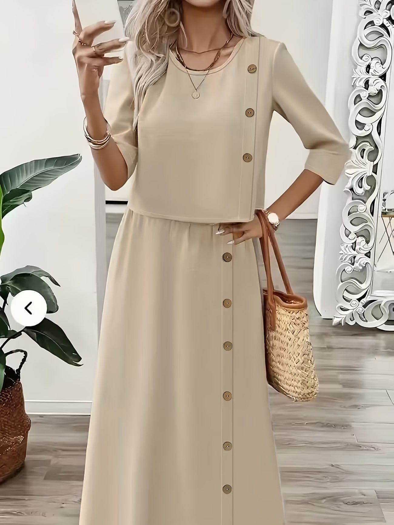 Elegant Summer Two-Piece Set – Round Neck Faux Button T-Shirt & Artistic Midi Skirt Outfit for Women
