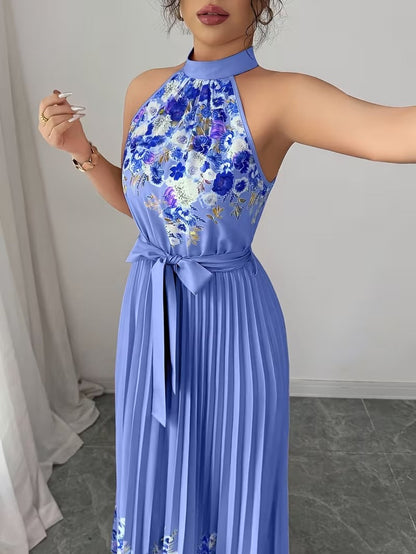 Elegant Floral Halter Neck Pleated Dress – Stylish & Comfortable Summer Outfit for Women
