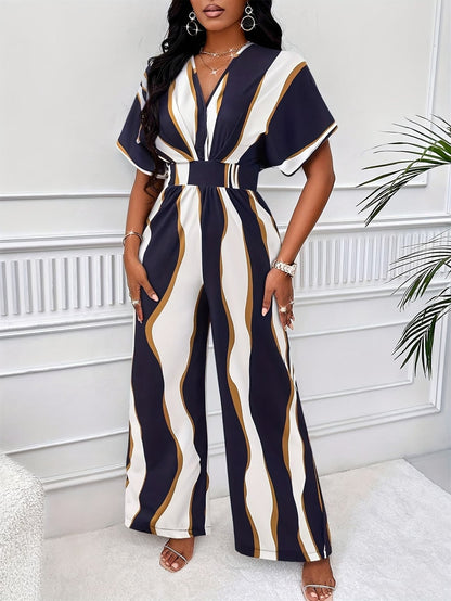 Women’s Color Block V-Neck Jumpsuit – Elegant Short Sleeve Wide-Leg One-Piece Outfit with Comfortable Waist Fit for Spring & Summer