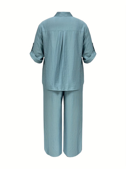 Plus Size Women’s Casual Two-Piece Co-Ord Set – Breathable Shirt & Straight-Leg Pants for Spring & Autumn Comfort