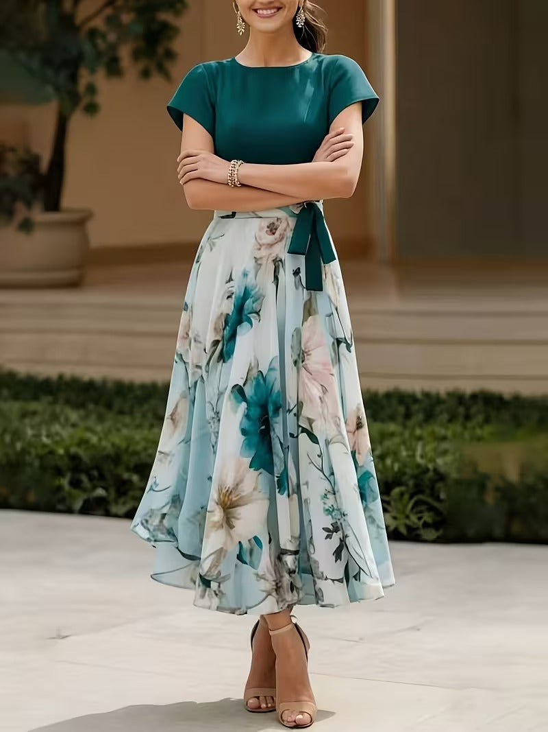 Elegant Floral Color-Block Midi Dress for Women | Tie-Waist Crew Neck Summer Dress