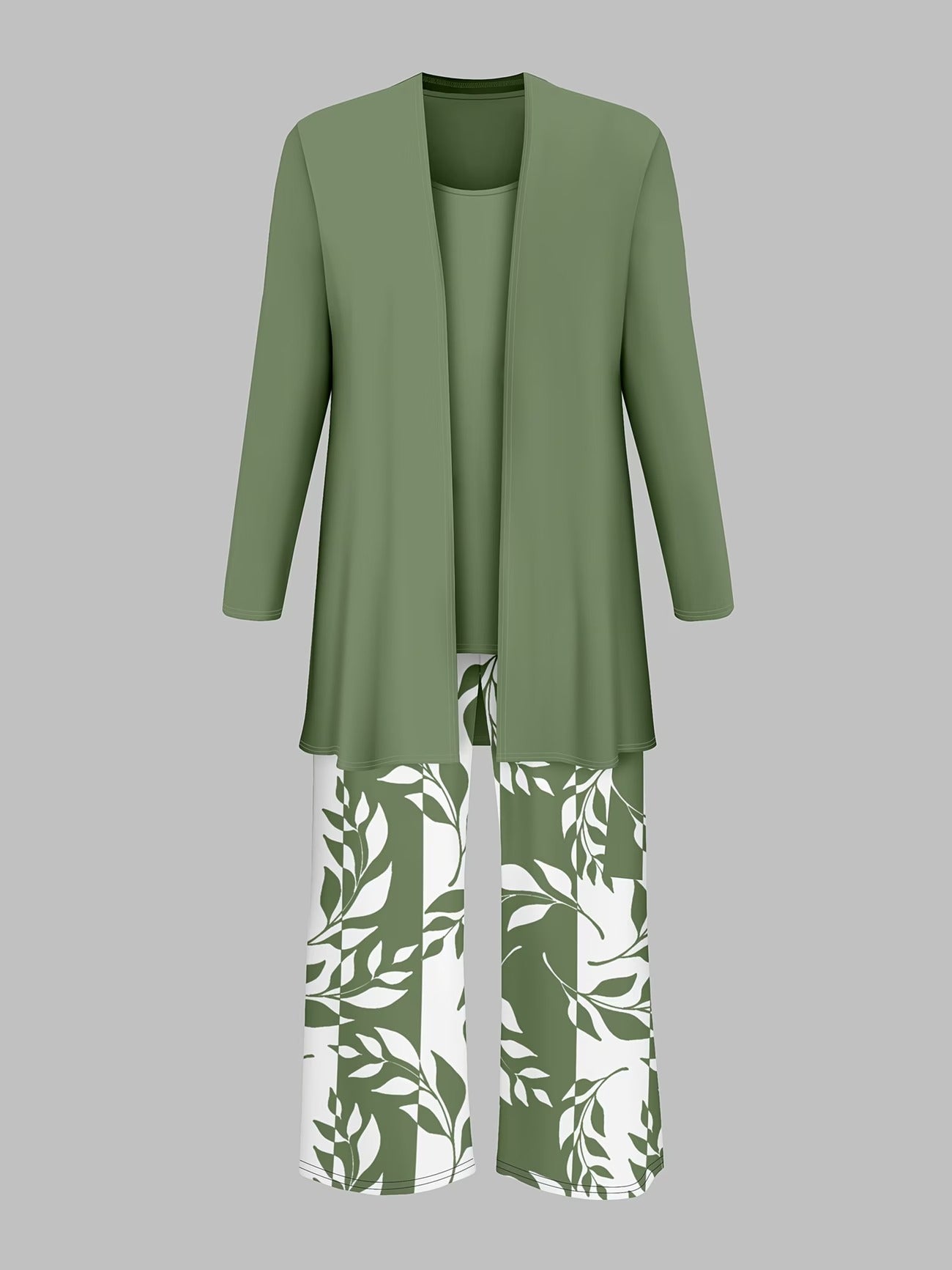 Elegant Solid Color Cardigan Jacket with Halter Top & Printed Plant Pattern Trousers – Stylish 3-Piece Women’s Set