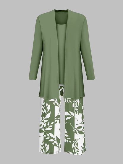 Elegant Solid Color Cardigan Jacket with Halter Top & Printed Plant Pattern Trousers – Stylish 3-Piece Women’s Set