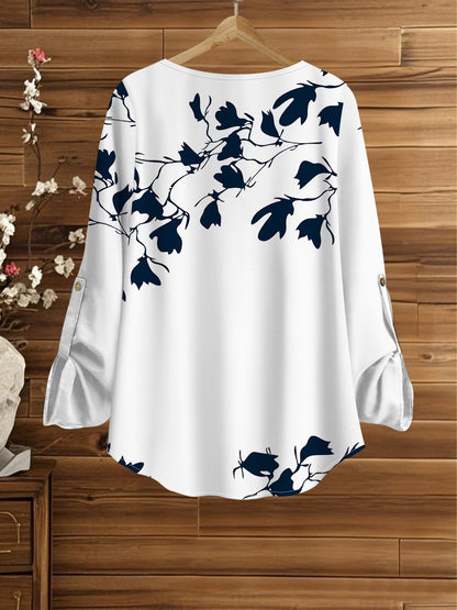 Women’s Floral Long-Sleeve Shirt with Printed Pants – Stylish Two-Piece Everyday Outfit (With Tie & Button Details)