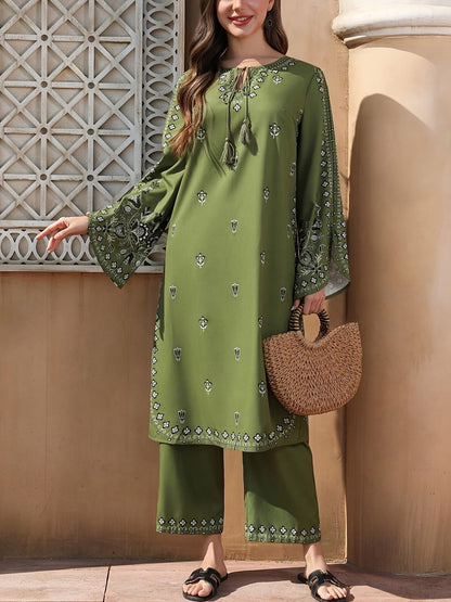 Women’s Elegant Floral Two-Piece Set – Long Sleeve Round Neck Tassel Top with Extended Pants (Middle East Inspired Casual Outfit