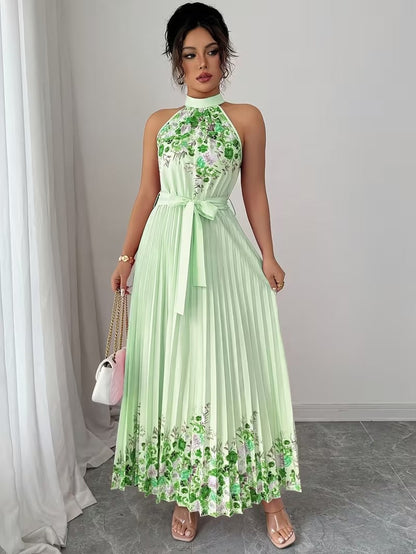 Elegant Floral Halter Neck Pleated Dress – Stylish & Comfortable Summer Outfit for Women