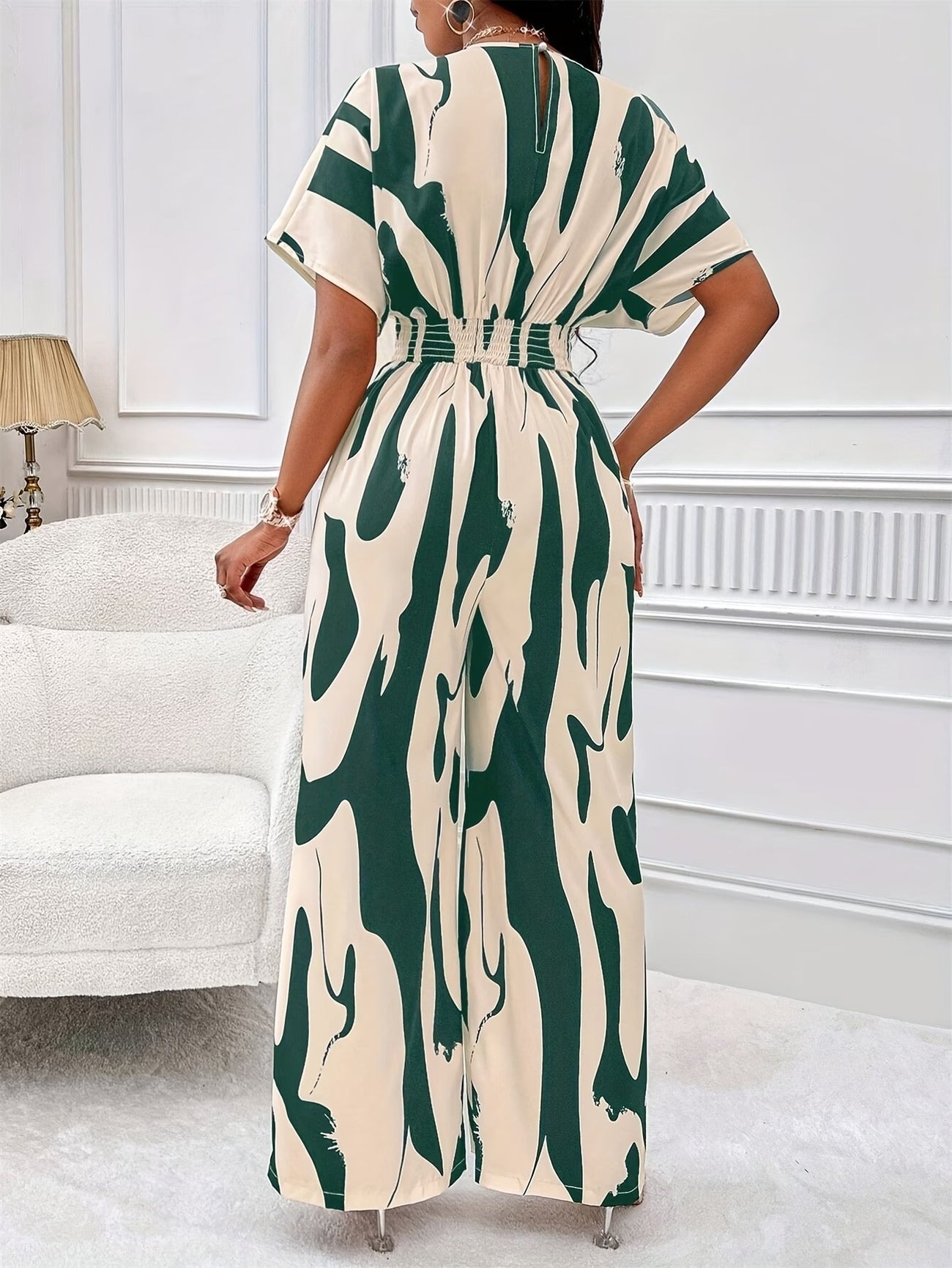 Women’s Color Block V-Neck Jumpsuit – Elegant Short Sleeve Wide-Leg One-Piece Outfit with Comfortable Waist Fit for Spring & Summer
