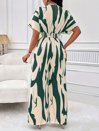 Women’s Color Block V-Neck Jumpsuit – Elegant Short Sleeve Wide-Leg One-Piece Outfit with Comfortable Waist Fit for Spring & Summer