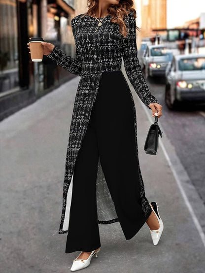 Chic Plaid Commuter Jumpsuit – Asymmetrical Design with Relaxed Straight-Leg Fit