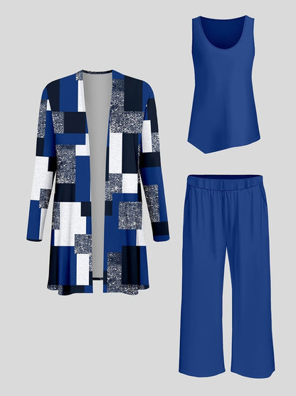 Elegant Printed Cardigan Jacket with Solid Inner Vest & Casual Long Pants – Stylish 3-Piece Women’s Set
