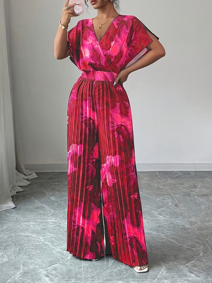 Elegant Women’s Batwing Sleeve Jumpsuit – V-Neck Abstract Print Wide-Leg Summer Outfit