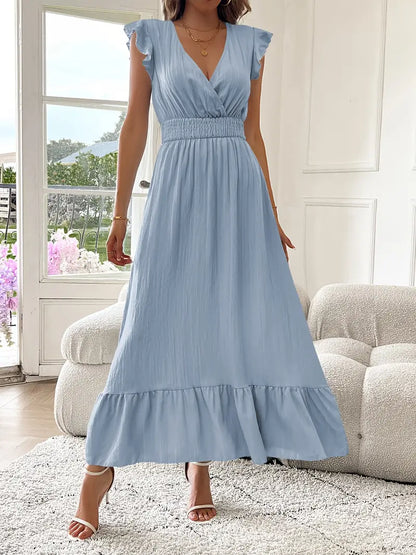 Elegant Ruffle Sleeve Surplice Neck Dress – Space Lightweight & Flattering Summer Style