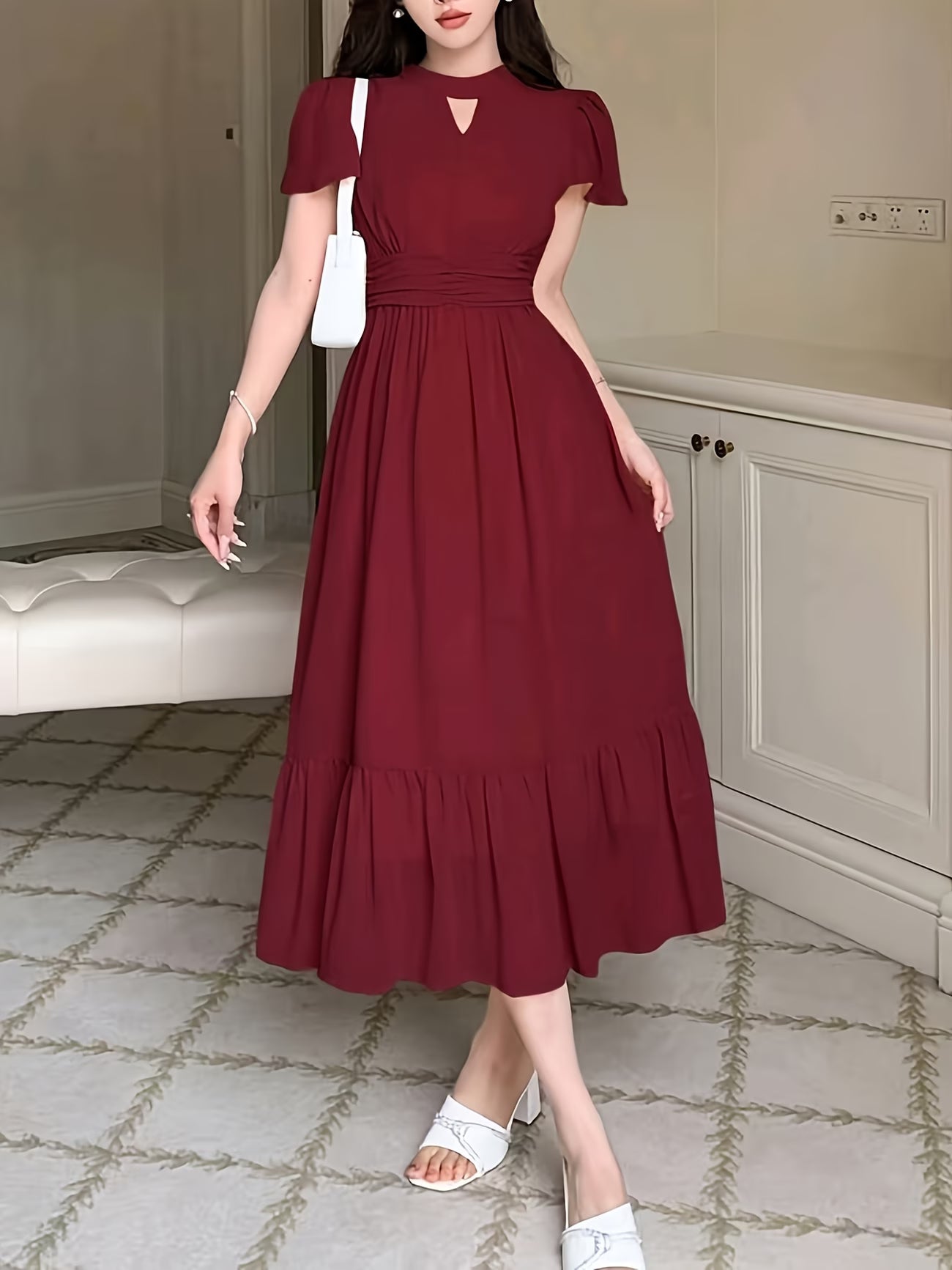 Women's Elegant Pleated Waist Ruffle Hem Maxi Dress