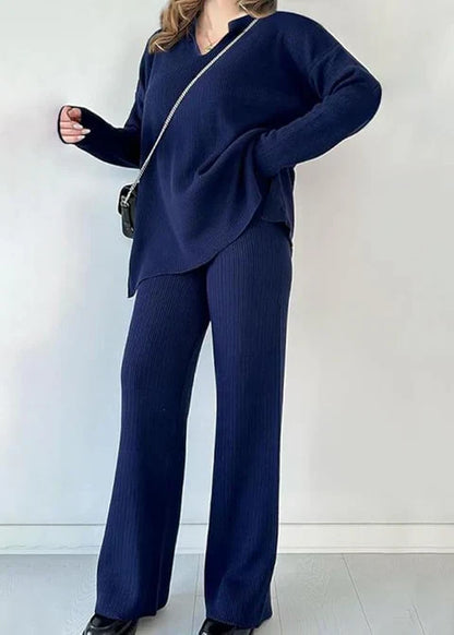 V-Neck Casual Slit Knitted Two-Piece Set